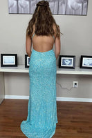 Load image into Gallery viewer, Sparkly Halter Sequins Light Blue Long Prom Dress