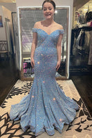 Load image into Gallery viewer, Mermaid Off The Shoulder Lace-Up Back Light Blue Prom Dress with Sequins