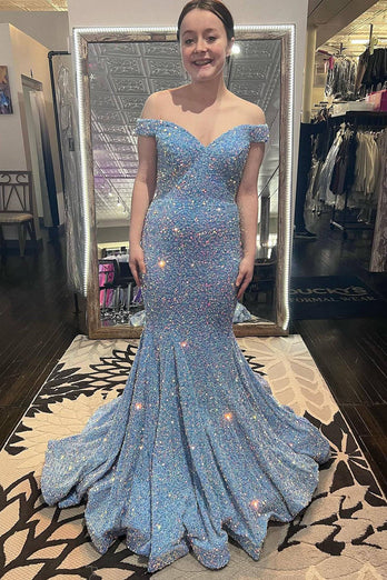 Mermaid Off The Shoulder Lace-Up Back Light Blue Prom Dress with Sequins