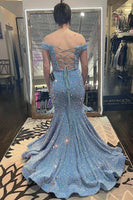 Load image into Gallery viewer, Mermaid Off The Shoulder Lace-Up Back Light Blue Prom Dress with Sequins
