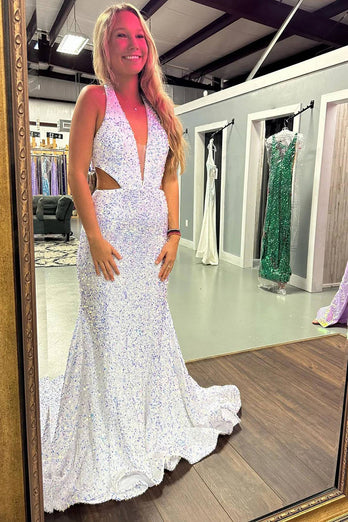 Glitter White Mermaid V Neck Long Prom Dress
