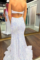 Load image into Gallery viewer, Glitter White Mermaid V Neck Long Prom Dress