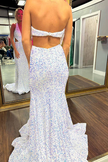 Glitter White Mermaid V Neck Long Prom Dress