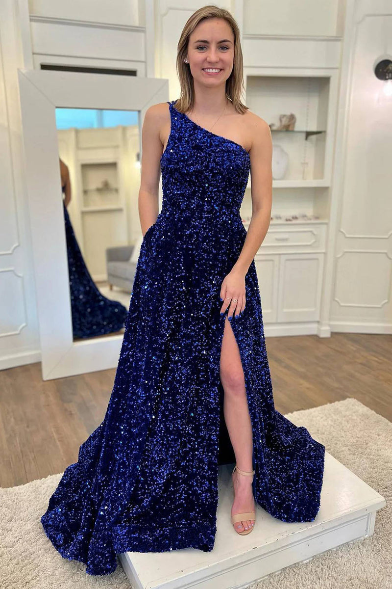 Load image into Gallery viewer, Sparkly Navy A Line Long Prom Dress With Slit