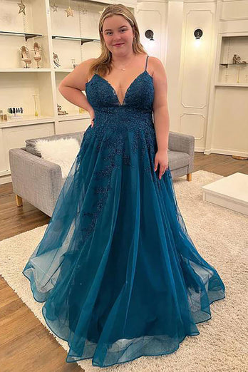 A Line Peacock Blue Plus Size Long Prom Dress With Appliques