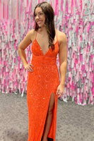 Load image into Gallery viewer, Glitter Orange Mermaid Long Prom Dress With Slit