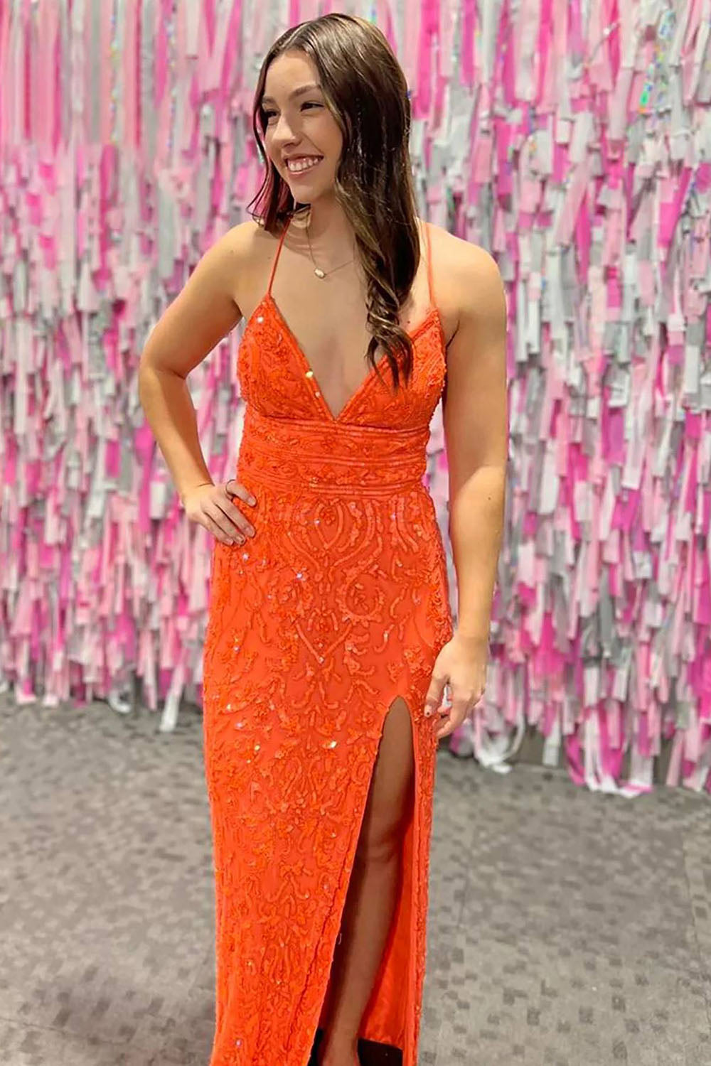 Glitter Orange Mermaid Long Prom Dress With Slit