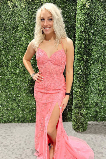 Light Pink Mermaid Corset Long Prom Dress With Slit