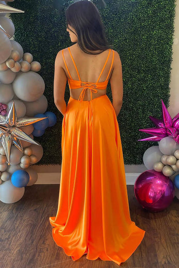 Orange A Line Long Pleated Satin Prom Dress