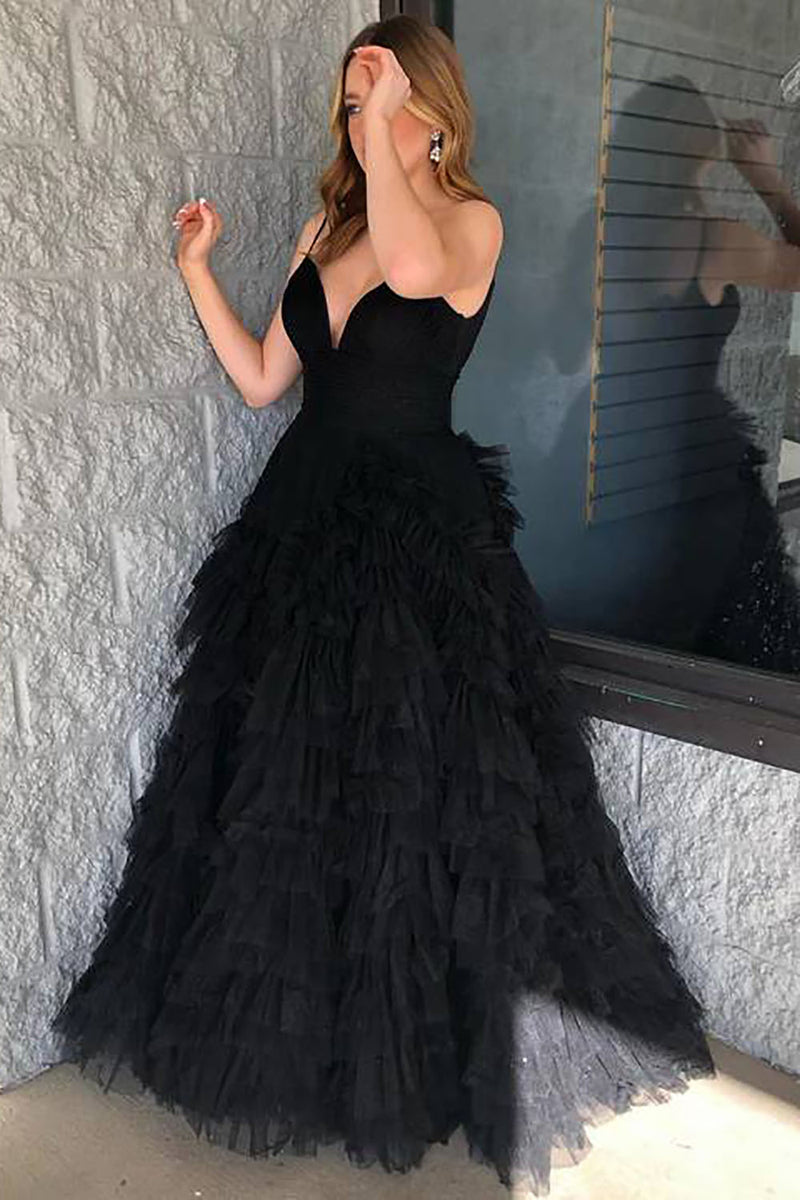 Load image into Gallery viewer, Black Tulle A Line Tiered Long Prom Dress