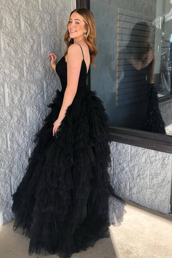 Black Tulle A Line Tiered Long Prom Dress