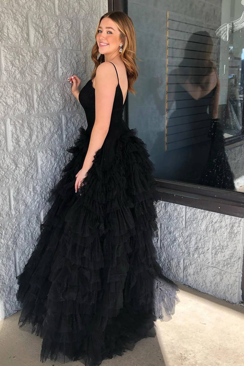 Load image into Gallery viewer, Black Tulle A Line Tiered Long Prom Dress