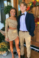 Load image into Gallery viewer, Sparkly Champagne One Shoulder Long Sleeve Tight Sequins Short Prom Dress