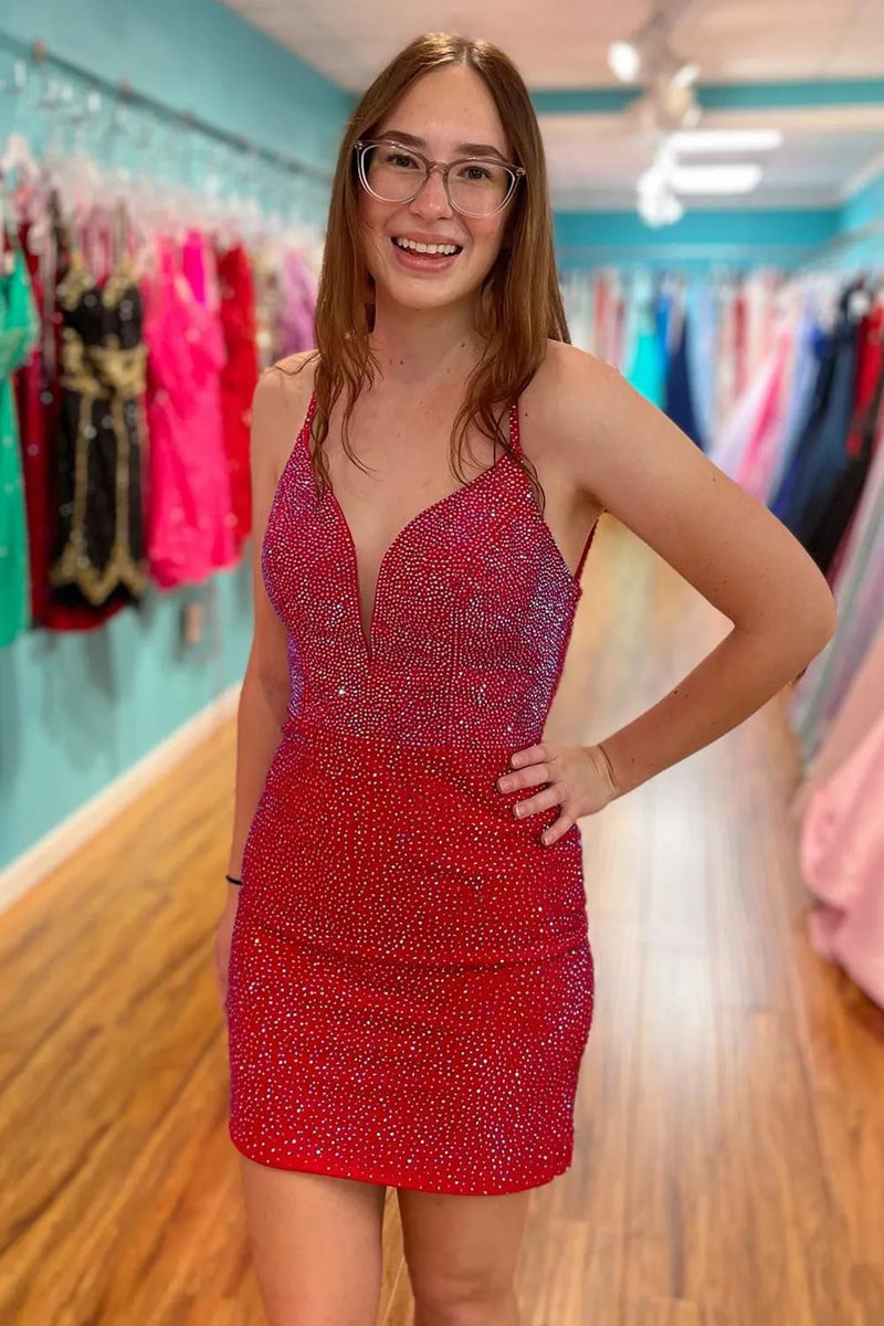 Load image into Gallery viewer, Sparkly Red Beaded Bodycon Short Party Dress