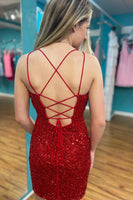 Load image into Gallery viewer, Sparkly Red Sequins Lace-Up Bodycon Short Prom Dress