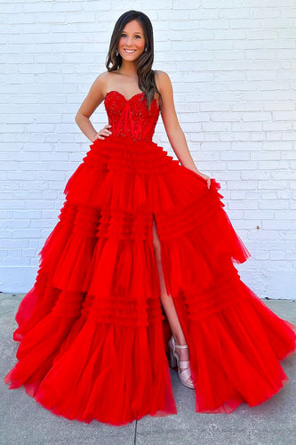 Glitter Red A-line Sweetheart Tiered Long Prom Dress with Slit