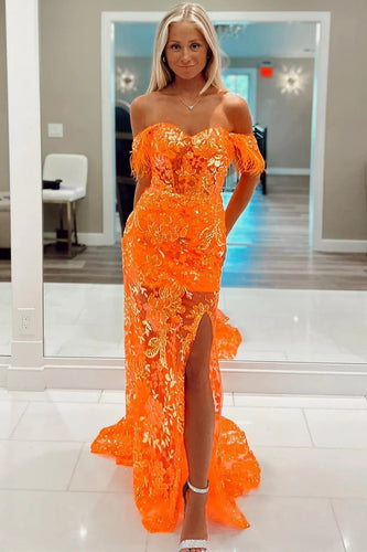Sparkly Orange Mermaid Floral Feathered Off-Shoulder Long Prom Dress with Slit