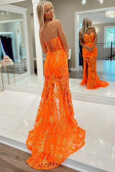 Sparkly Orange Mermaid Floral Feathered Off-Shoulder Long Prom Dress with Slit