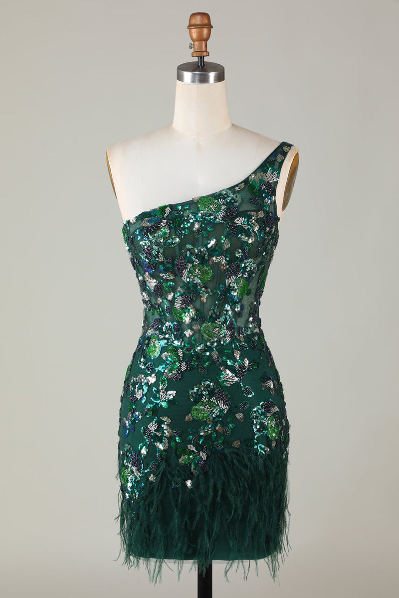 Load image into Gallery viewer, Sparkly Dark Green Tight Short Beaded Party Dress with Feathers