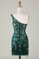 Load image into Gallery viewer, Sparkly Dark Green Tight Short Beaded Party Dress with Feathers