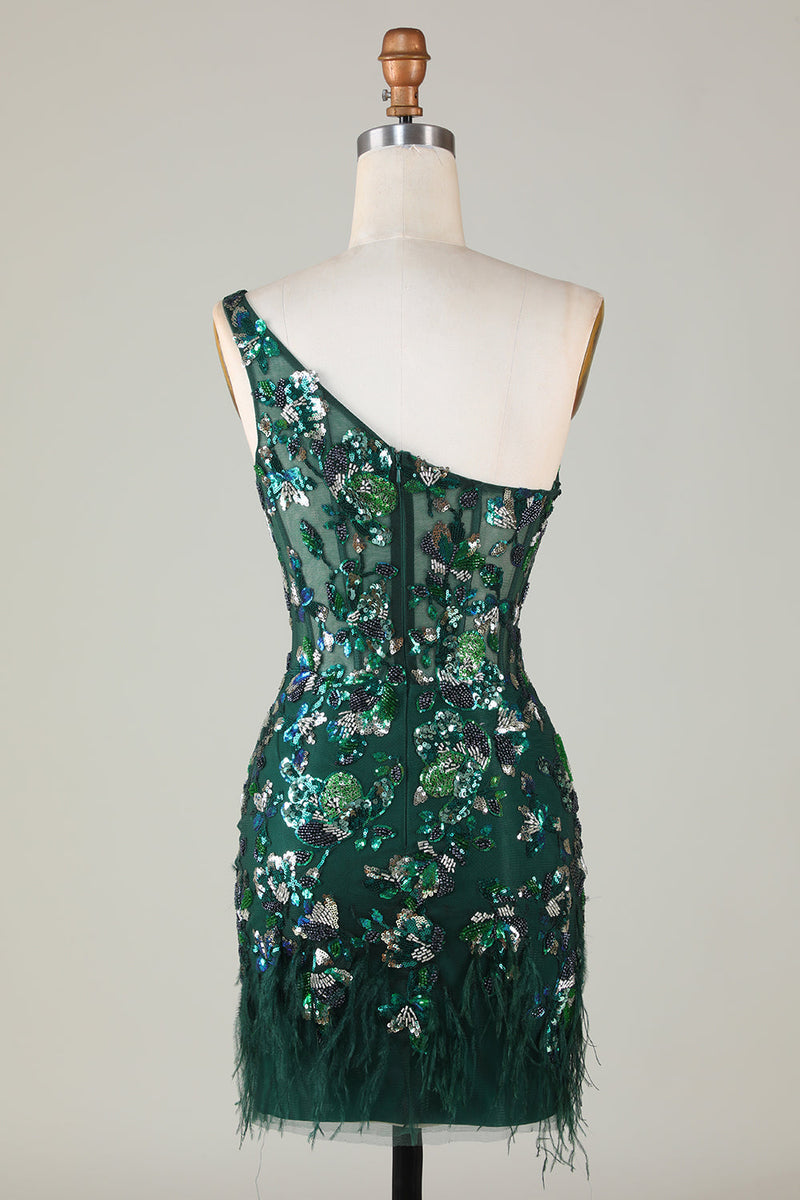 Load image into Gallery viewer, Sparkly Dark Green Tight Short Beaded Party Dress with Feathers