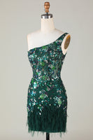 Load image into Gallery viewer, Sparkly Dark Green Tight Short Beaded Party Dress with Feathers