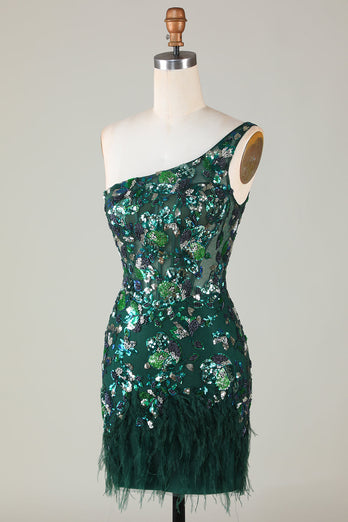 Sparkly Dark Green Tight Short Beaded Party Dress with Feathers