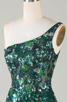 Load image into Gallery viewer, Sparkly Dark Green Tight Short Beaded Party Dress with Feathers
