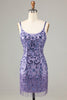 Load image into Gallery viewer, Sparkly Purple Sequins Spaghetti Straps Short Prom Dress with Fringes