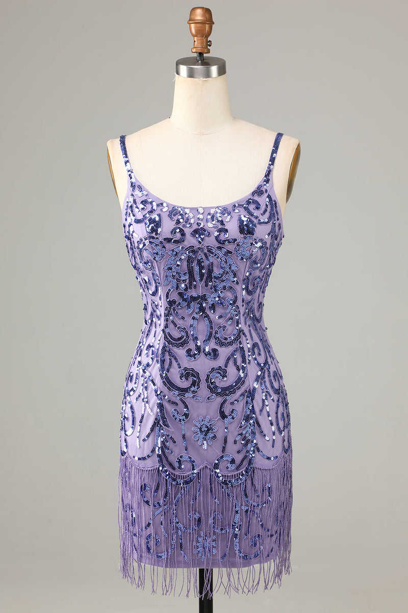 Load image into Gallery viewer, Sparkly Purple Sequins Spaghetti Straps Short Prom Dress with Fringes