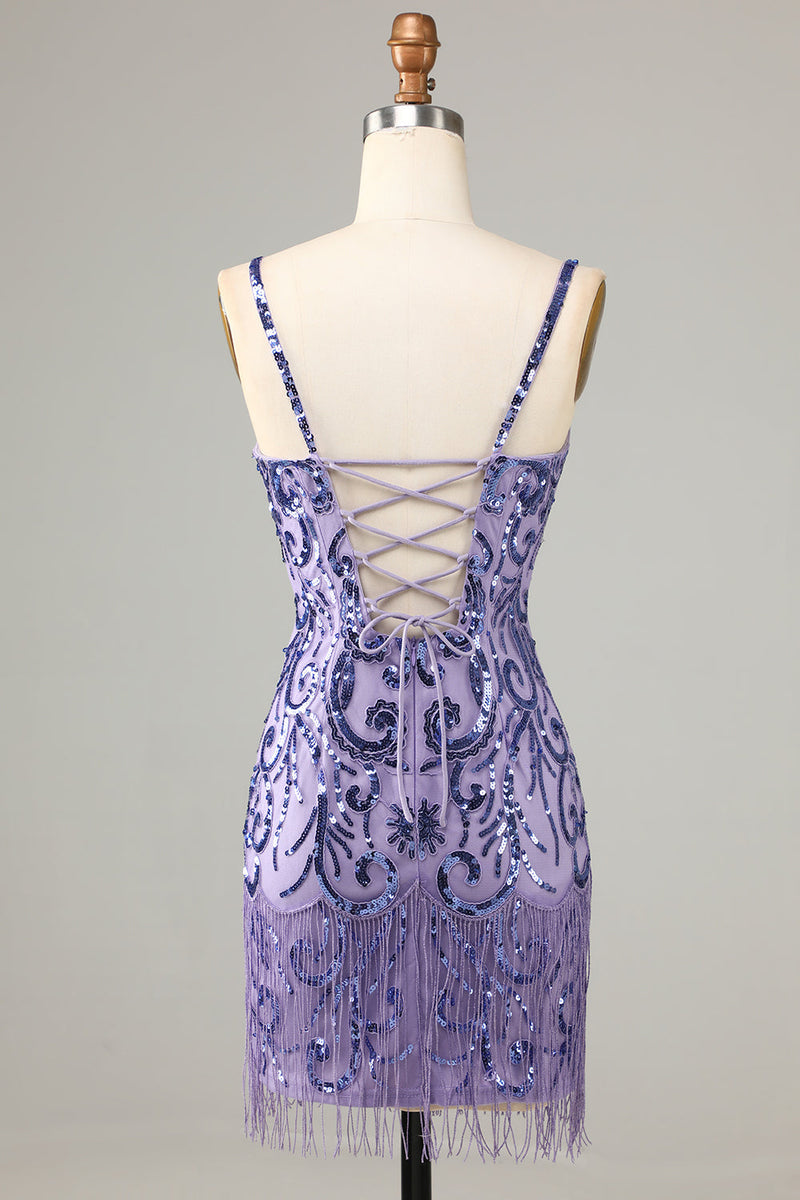 Load image into Gallery viewer, Sparkly Purple Sequins Spaghetti Straps Short Prom Dress with Fringes