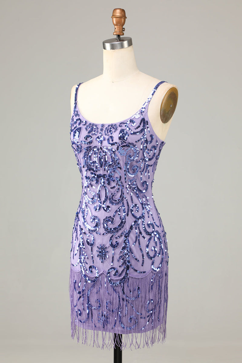 Load image into Gallery viewer, Sparkly Purple Sequins Spaghetti Straps Short Prom Dress with Fringes