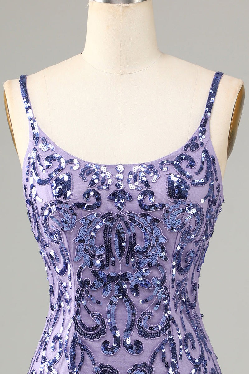 Load image into Gallery viewer, Sparkly Purple Sequins Spaghetti Straps Short Prom Dress with Fringes