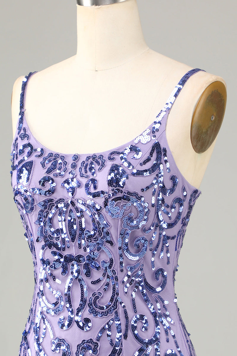 Load image into Gallery viewer, Sparkly Purple Sequins Spaghetti Straps Short Prom Dress with Fringes
