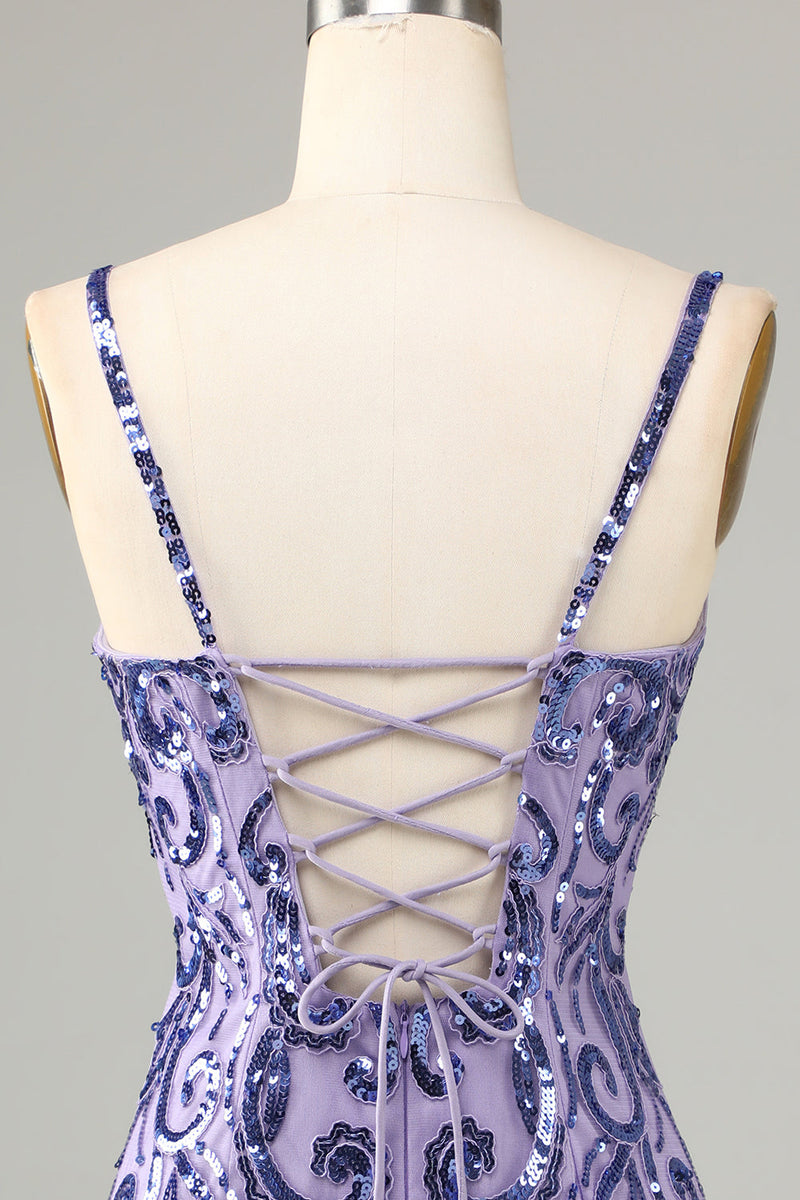 Load image into Gallery viewer, Sparkly Purple Sequins Spaghetti Straps Short Prom Dress with Fringes