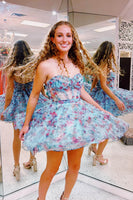 Load image into Gallery viewer, Lilac Floral A-Line Ruffle Corset Tulle Strapless Short Prom Dress