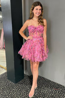 Load image into Gallery viewer, Lilac Floral A-Line Ruffle Corset Tulle Strapless Short Prom Dress