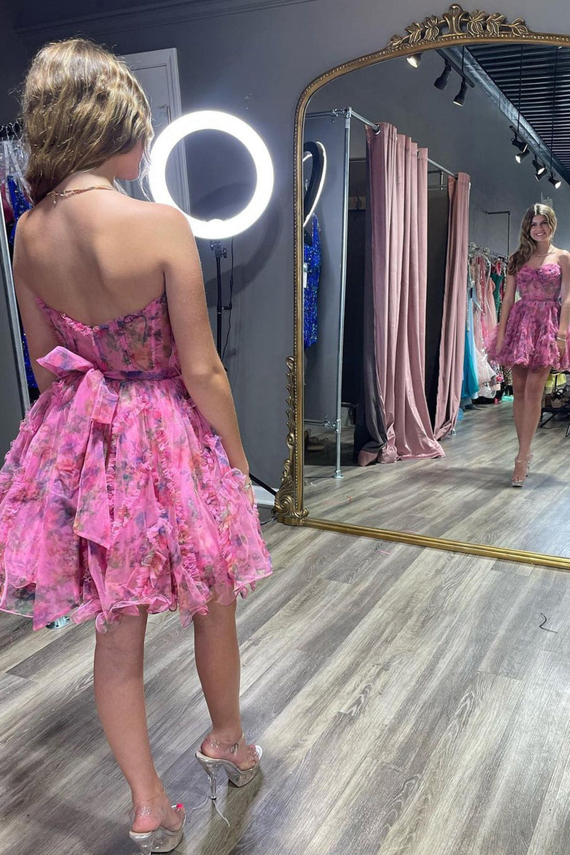 Load image into Gallery viewer, Lilac Floral A-Line Ruffle Corset Tulle Strapless Short Prom Dress