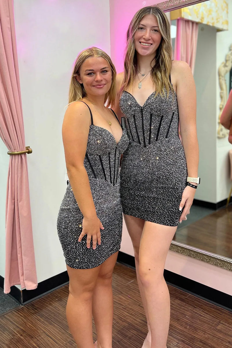 Load image into Gallery viewer, Sparkly Black Beaded Corset Bodycon Short Party Dress