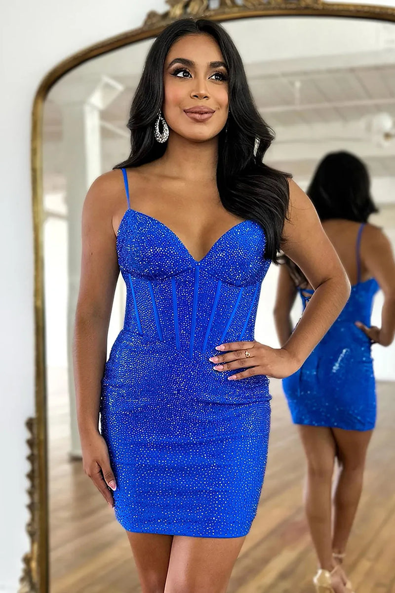 Load image into Gallery viewer, Sparkly Royal Blue Beaded Corset Bodycon Short Party Dress