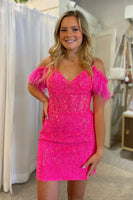 Load image into Gallery viewer, Sparkly Fuchsia Tight Short Prom Dress with Feathers