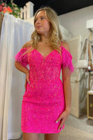 Load image into Gallery viewer, Sparkly Fuchsia Tight Short Prom Dress with Feathers