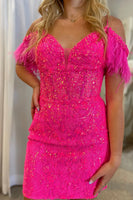 Load image into Gallery viewer, Sparkly Fuchsia Tight Short Prom Dress with Feathers