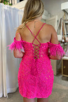 Load image into Gallery viewer, Sparkly Fuchsia Tight Short Prom Dress with Feathers