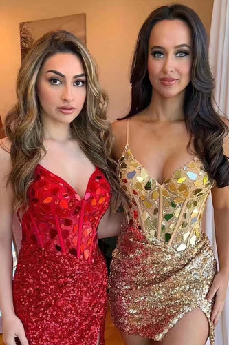 Sparkly Red Mirror Short Prom Dress With Sequins