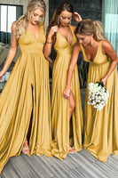Load image into Gallery viewer, Deep V-Neck Backless Yellow Long Bridesmaid Dress with Slit