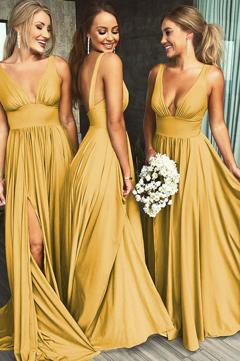Load image into Gallery viewer, Deep V-Neck Backless Yellow Long Bridesmaid Dress with Slit