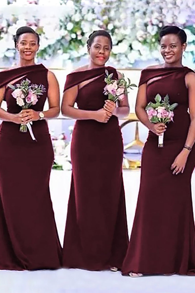Load image into Gallery viewer, Mermaid One Shoulder Burgundy Long Bridesmaid Dress