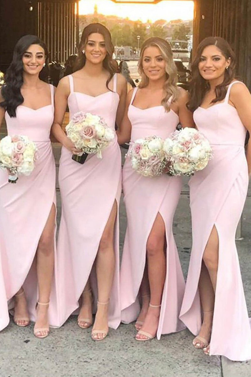 Load image into Gallery viewer, Light Pink Spaghetti Straps Long Bridesmaid Dress with Slit