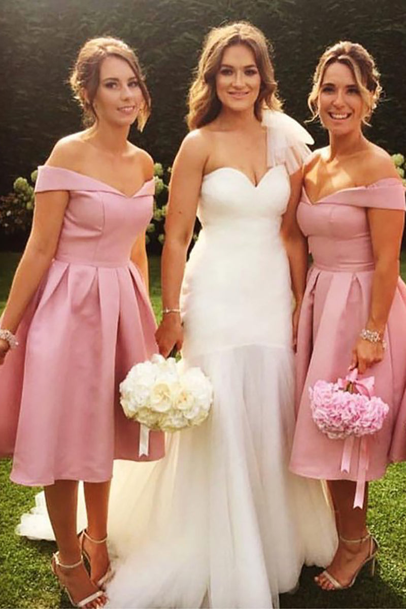 Load image into Gallery viewer, A-Line Off The Shoulder Light Pink Bridesmaid Dress